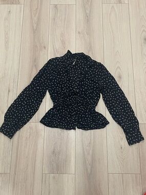 Free People Low Cut Black Top with White Floral Print